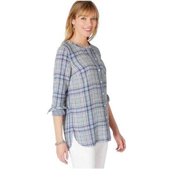 J.Jill 100% Cotton Gauzy Plaid Button Down Shirt Seaport Blue Size Medium - Picture 2 of 10